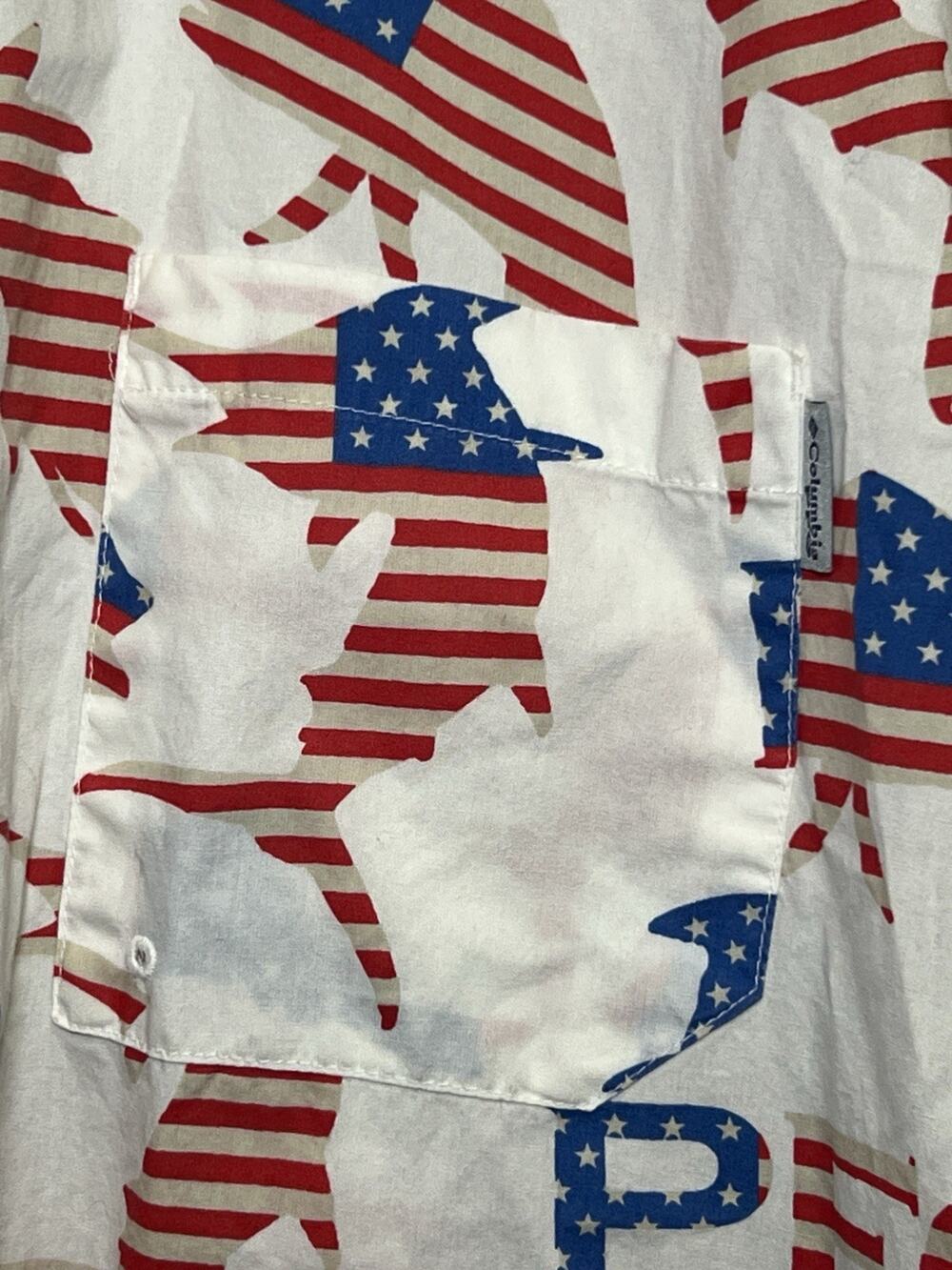 Columbia PFG Shirt Mens XL White Fishing‎ Short Sleeve Vented Patriotic AOP Flag